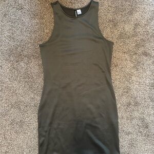 Divided Ribbed Sleeveless Bodycon Dress - Olive